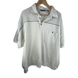 Mens XL Vintage leisure type short sleeve polo, cream with blue ribbing